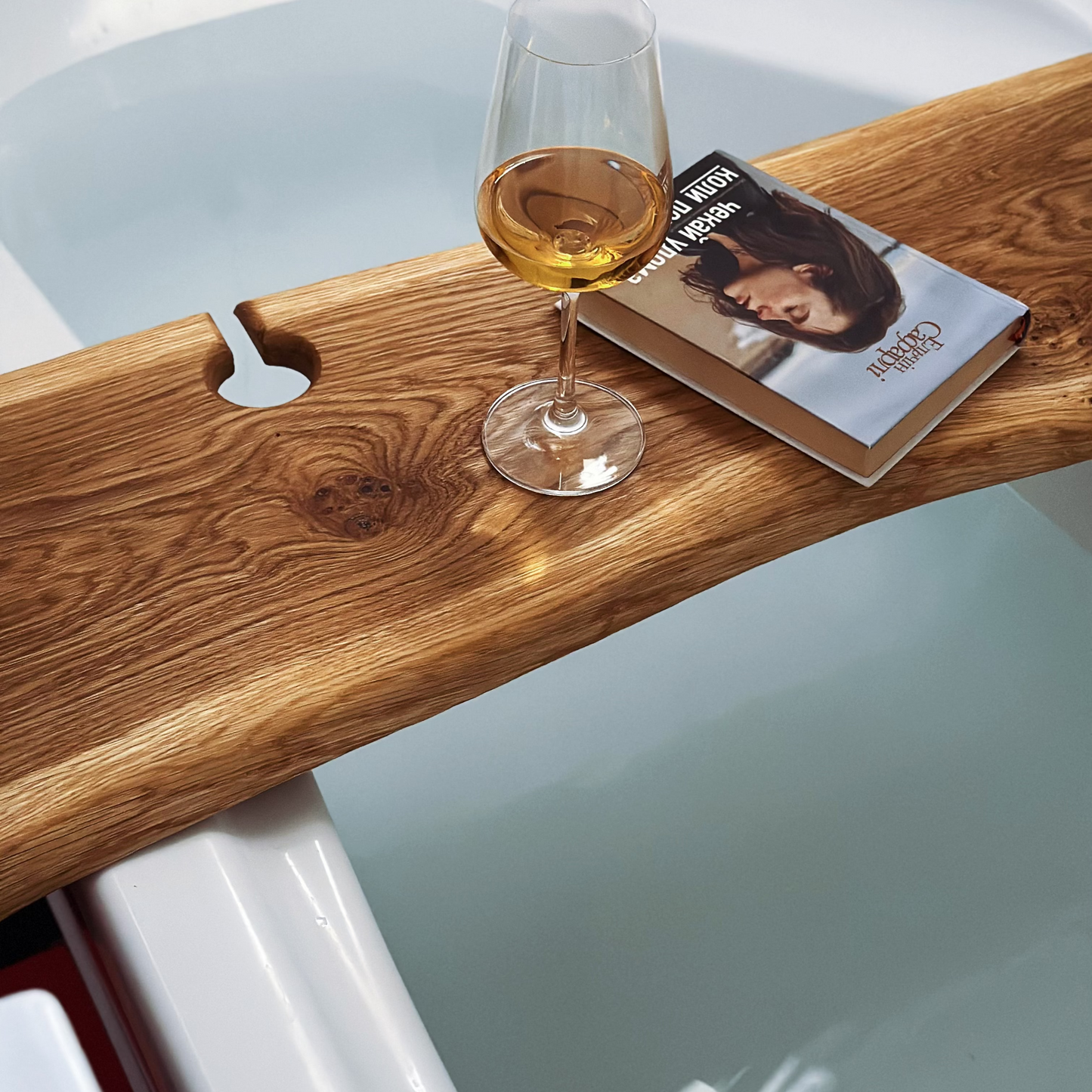 Spa style oak bath tray handmade with live edge natural wood