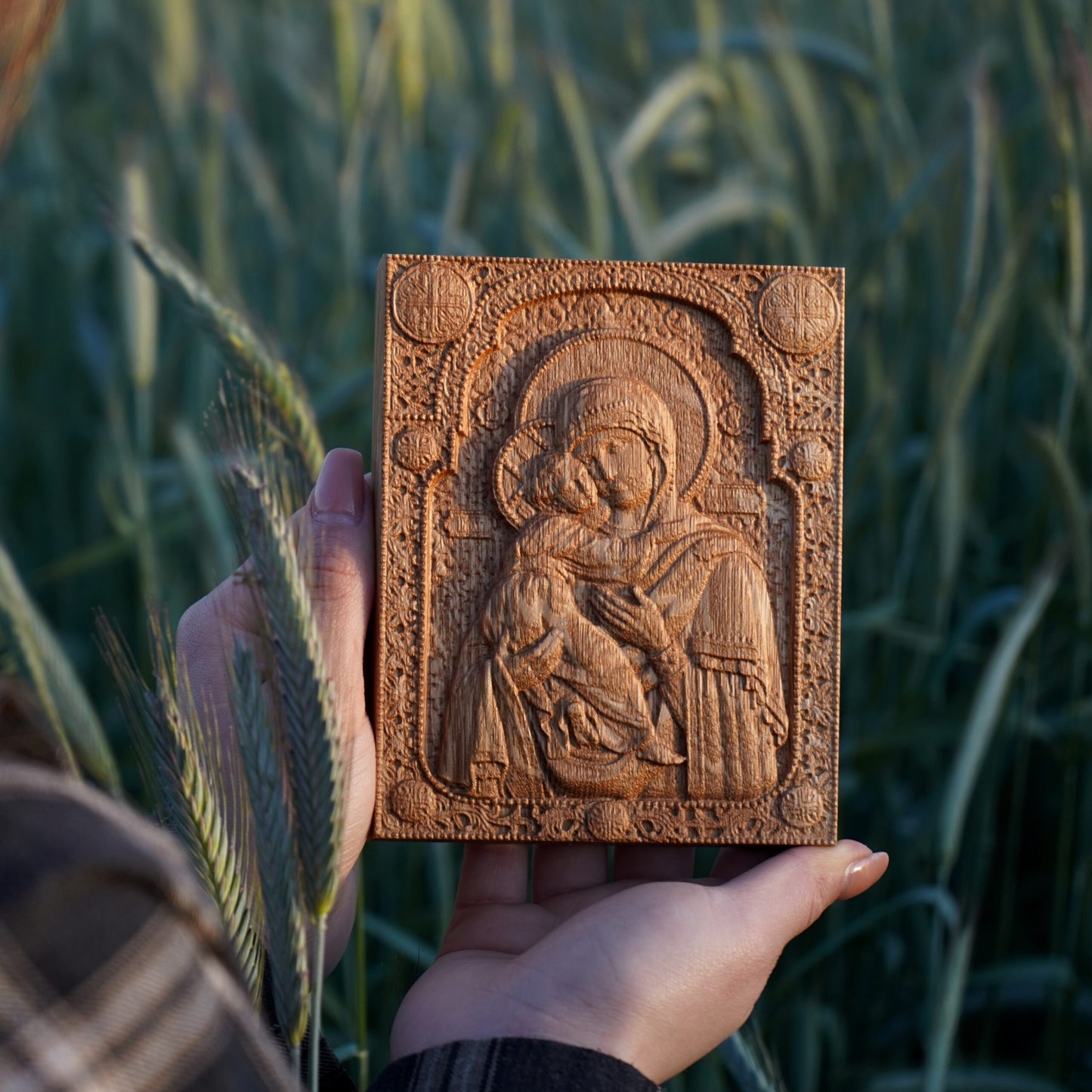 Wooden Virgin Mary and Jesus Icon, Carved Oak Christian Gift - image 2