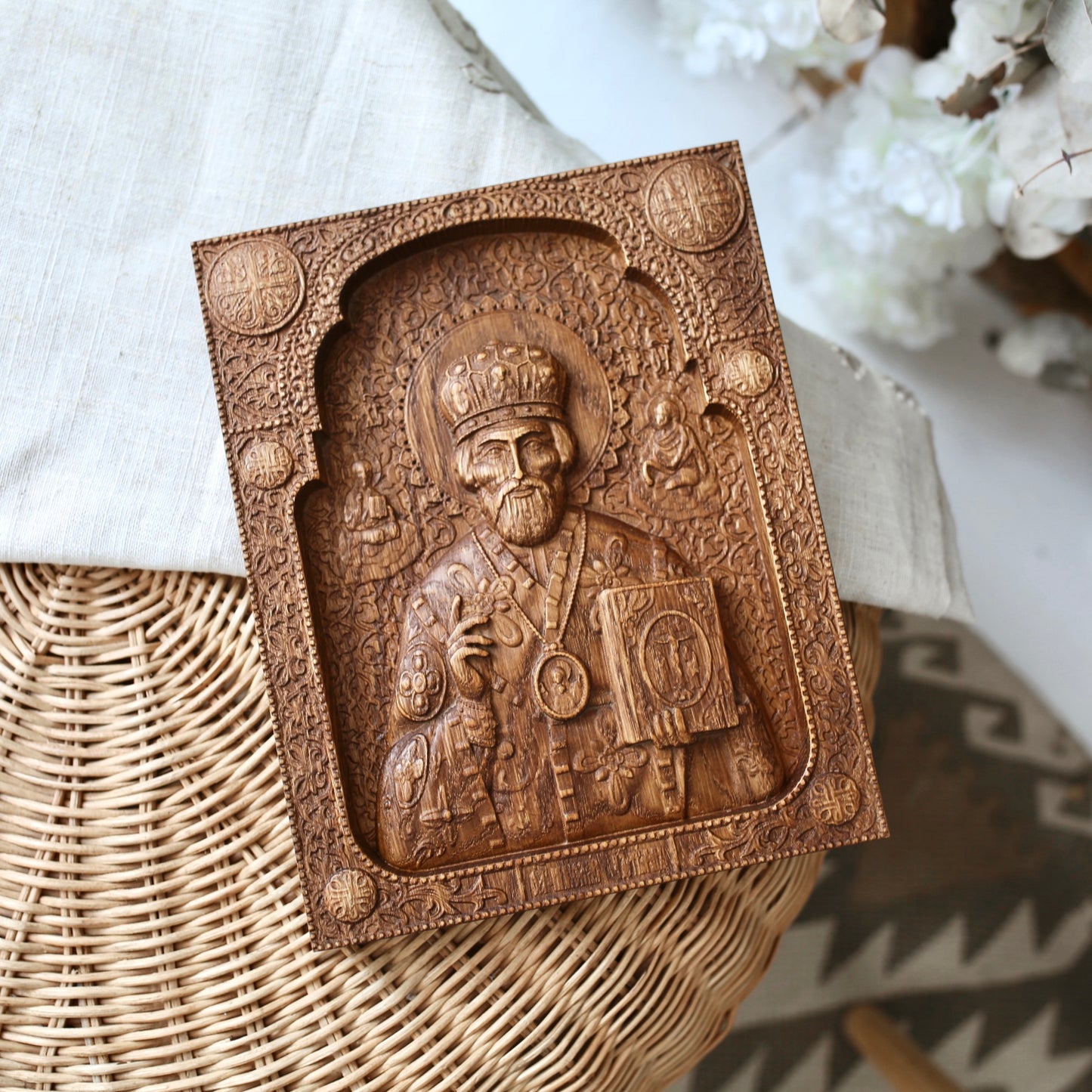 Saint Nicholas Wooden Icon Hand-Carved Orthodox Christian Wall Art