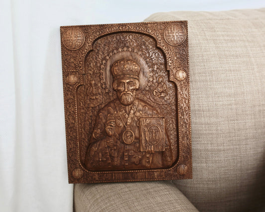 Saint Nicholas Wooden Icon Hand-Carved Orthodox Christian Wall Art