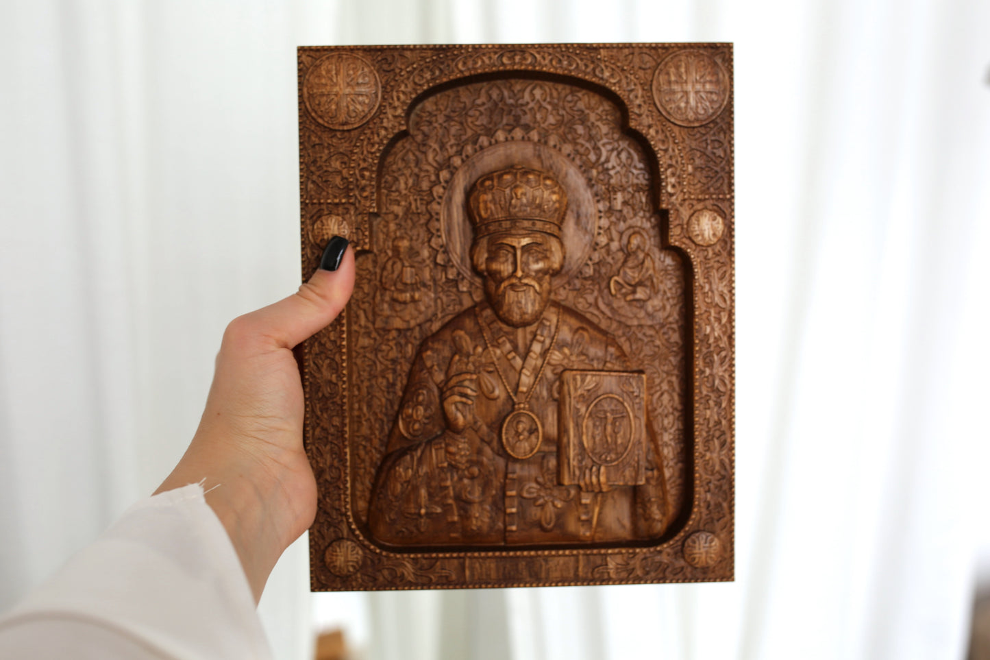 Saint Nicholas Wooden Icon Hand-Carved Orthodox Christian Wall Art