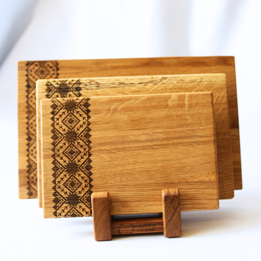 Set of three wooden cutting boards with Ukrainian ornament