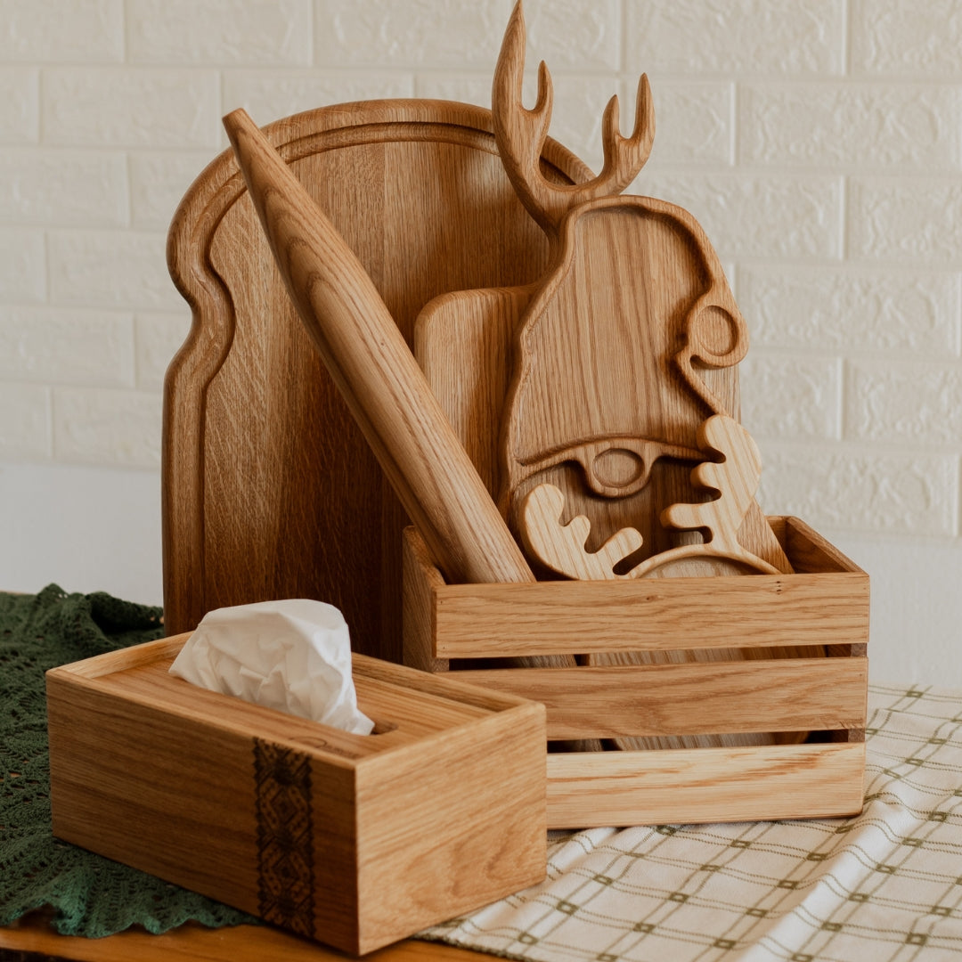 Rustic Wooden Kitchen Gift Set – 7 Handmade Pieces | Bread Board, Serving Trays, Rolling Pin