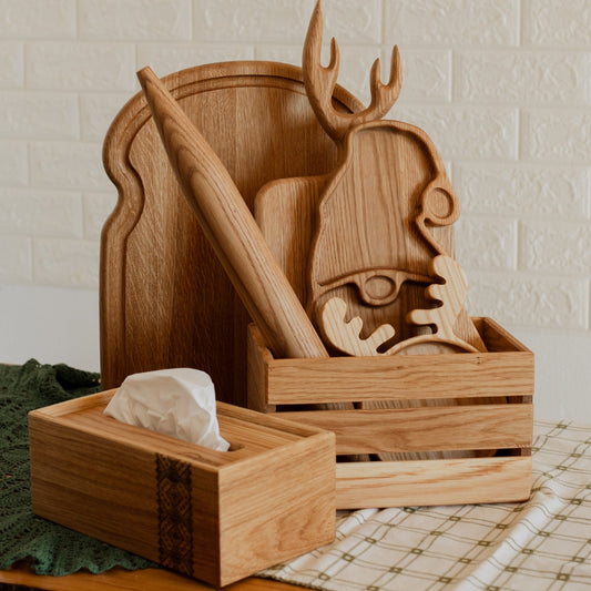 Rustic Wooden Kitchen Gift Set – 7 Handmade Pieces | Bread Board, Serving Trays, Rolling Pin