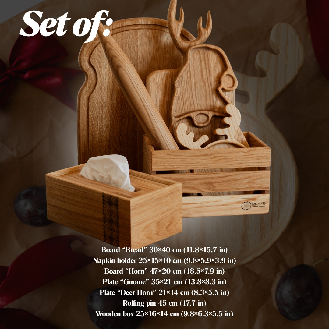 Rustic Wooden Kitchen Gift Set – 7 Handmade Pieces | Bread Board, Serving Trays, Rolling Pin