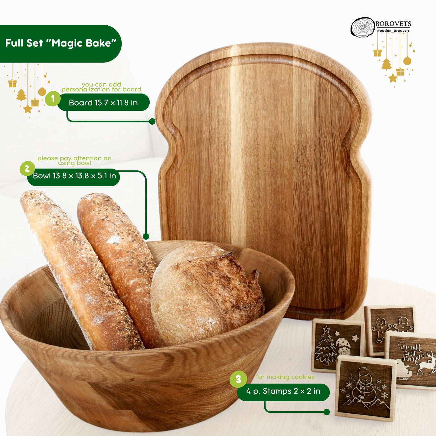 Wooden Board, Cookie Stamps & Mixing Bowl Baking Set Holiday Gift