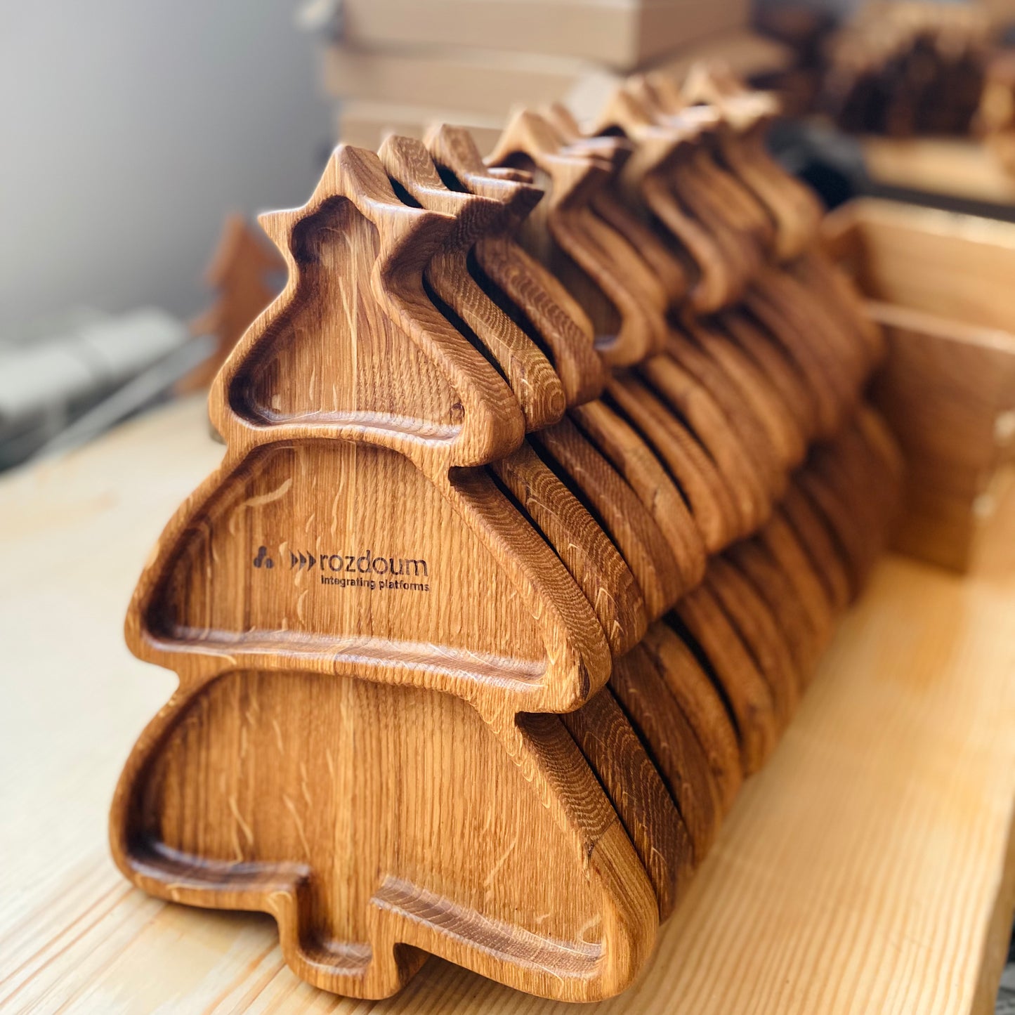 Christmas tree-shaped wooden platter in cozy rustic decor