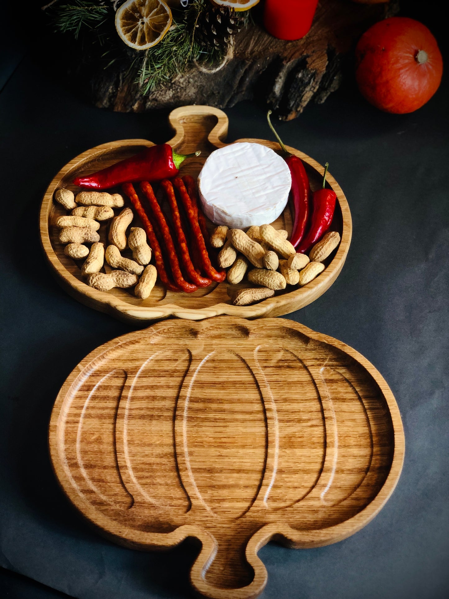 Hand Carved Oak Pumpkin Plate Wooden Serving Board Gift Decor