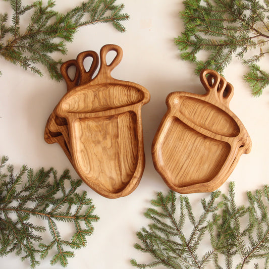 Acorn shaped wooden plate handcrafted from natural oak