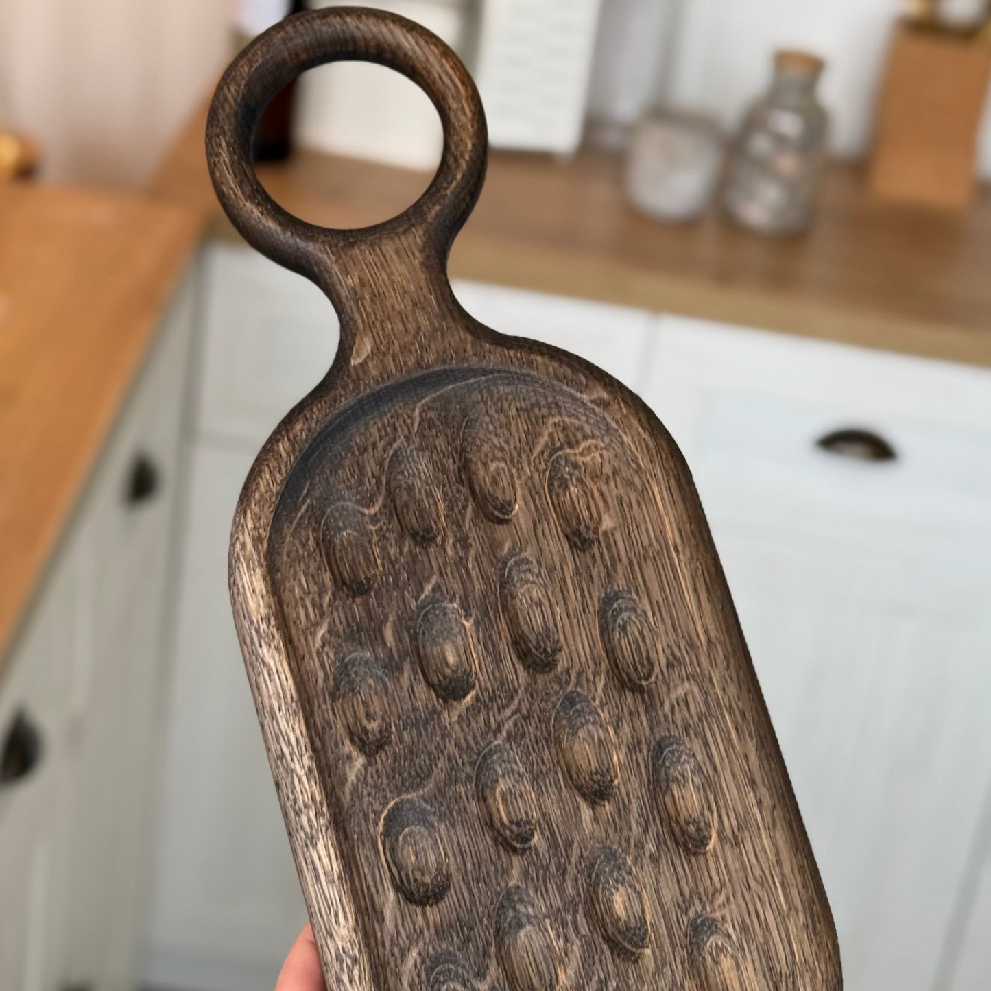 Close up of textured groove on handmade oak board