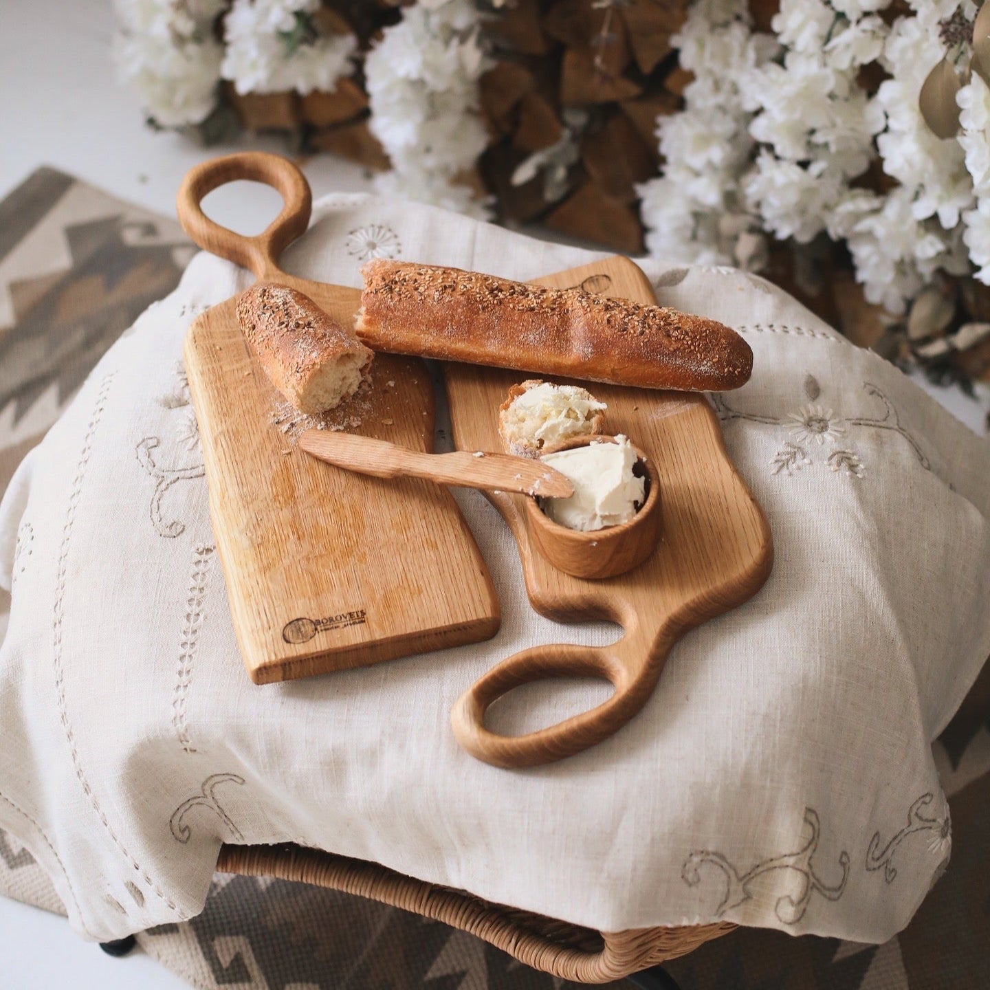 Stylish oak boards used as cutting boards and serving trays