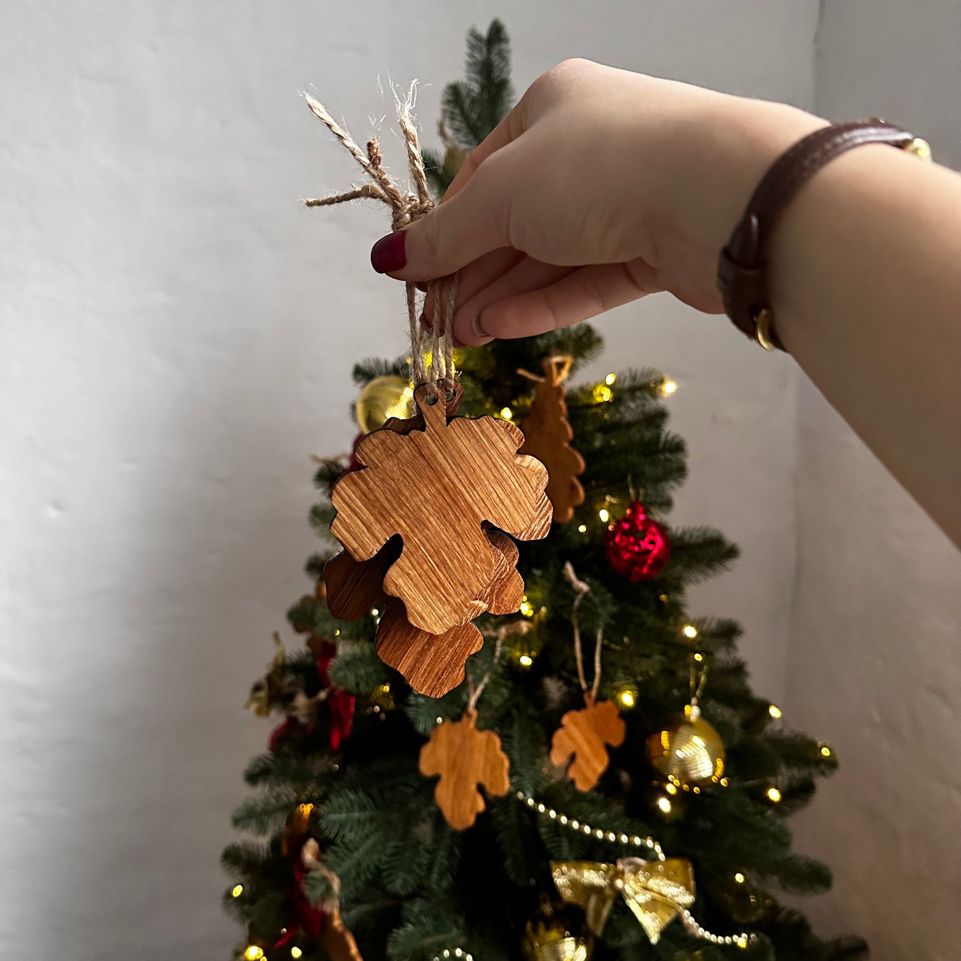 Festive oak ornaments adding natural charm to holiday decor