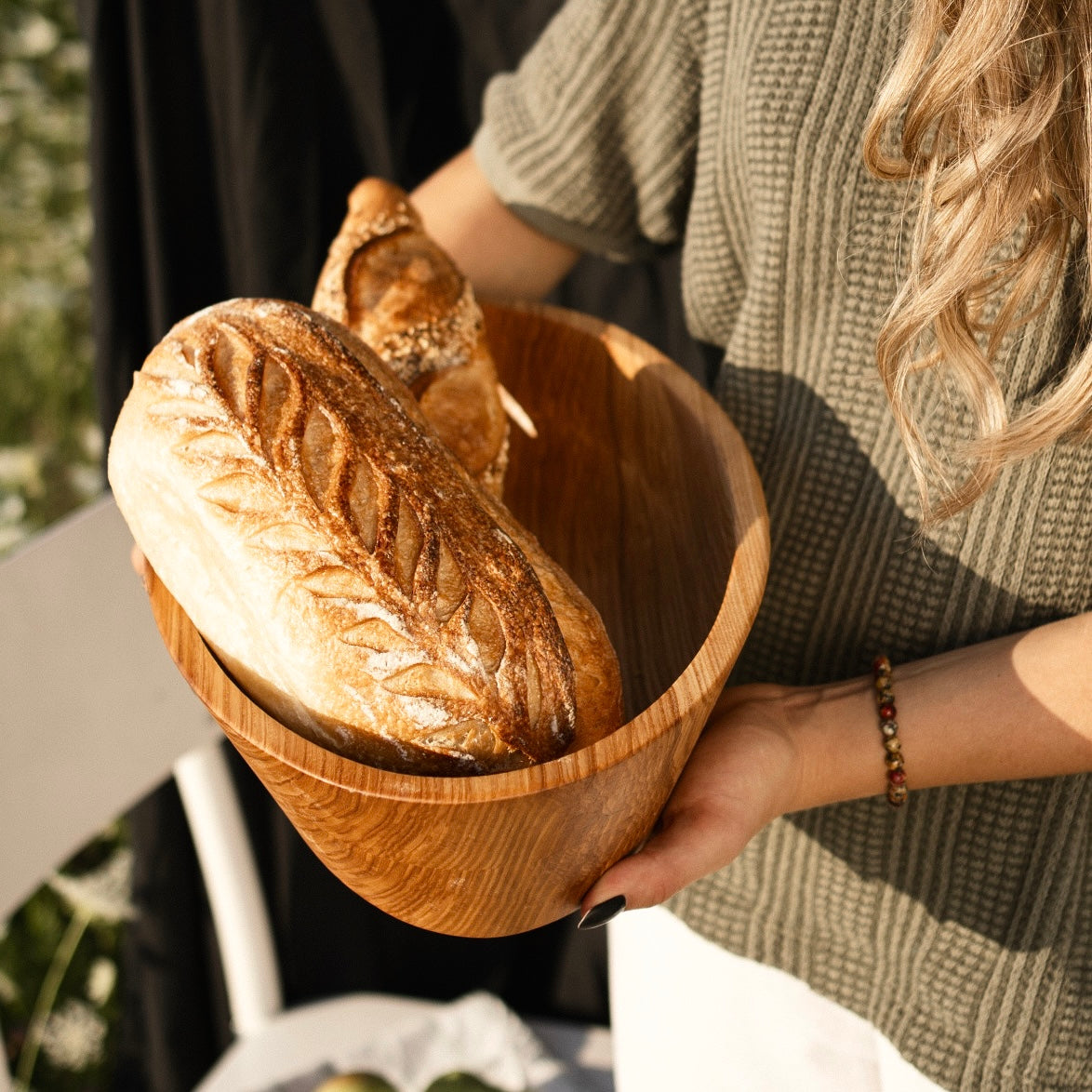 Handmade ash wooden platter Greek with deep oval design