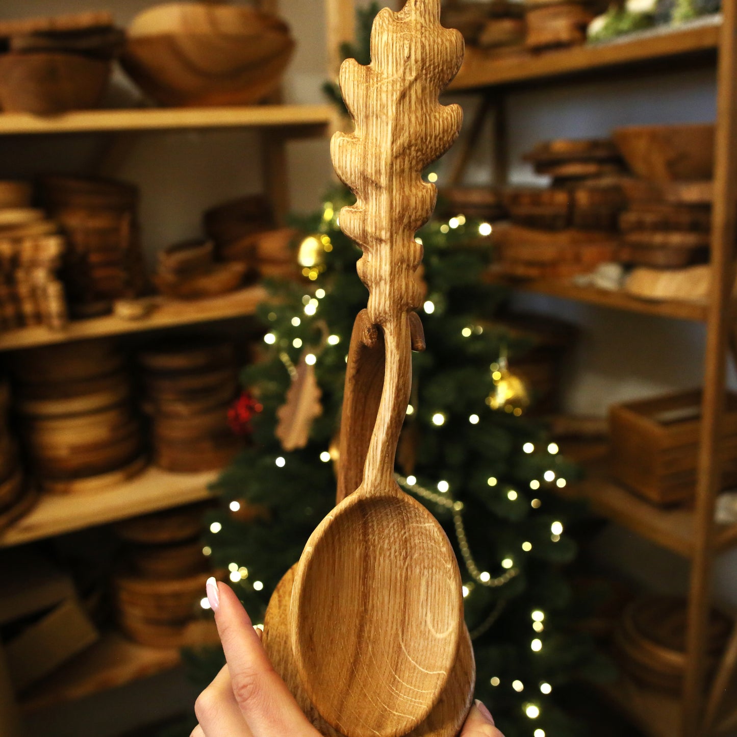 Handcrafted wooden oak spoon with stand – rustic Christmas kitchen gift
