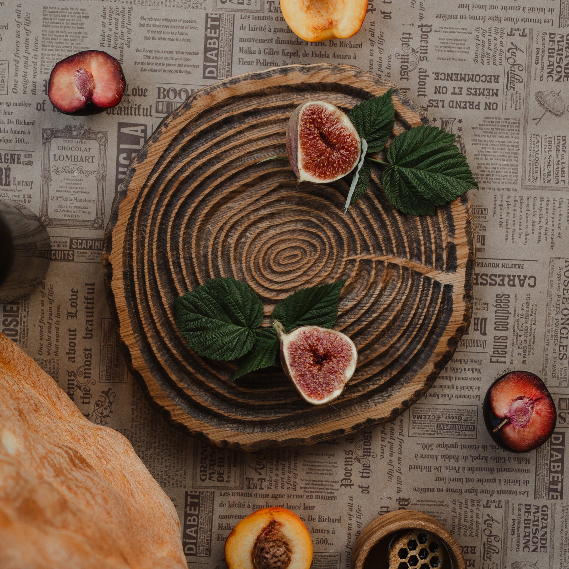 Handcrafted wooden round serving tray with natural wood texture