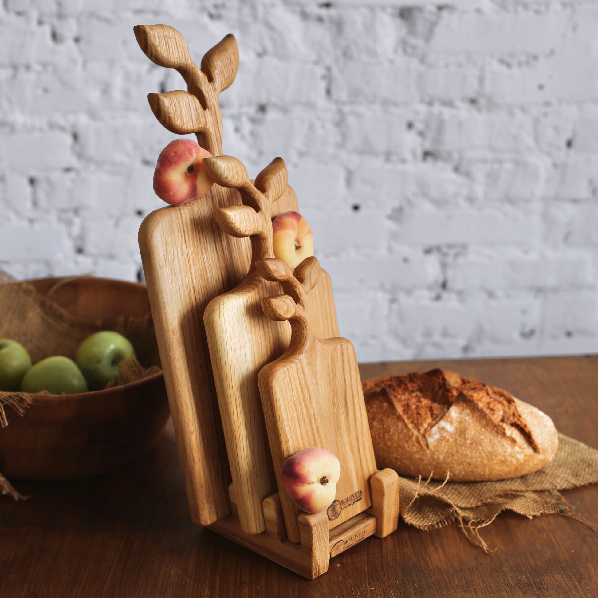 Decorative wooden leaf cutting boards for bread, cheese, and snacks