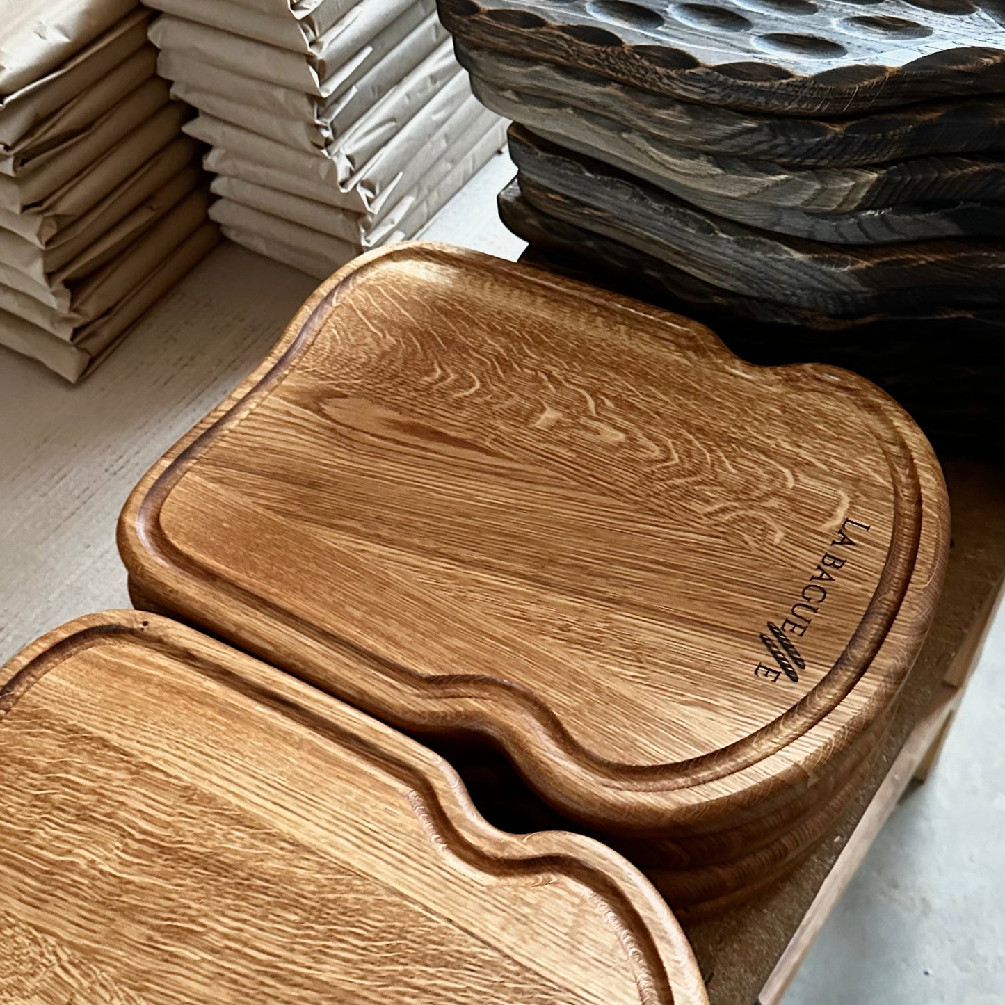 Large oak kitchen board for bread cutting and rustic holiday serving