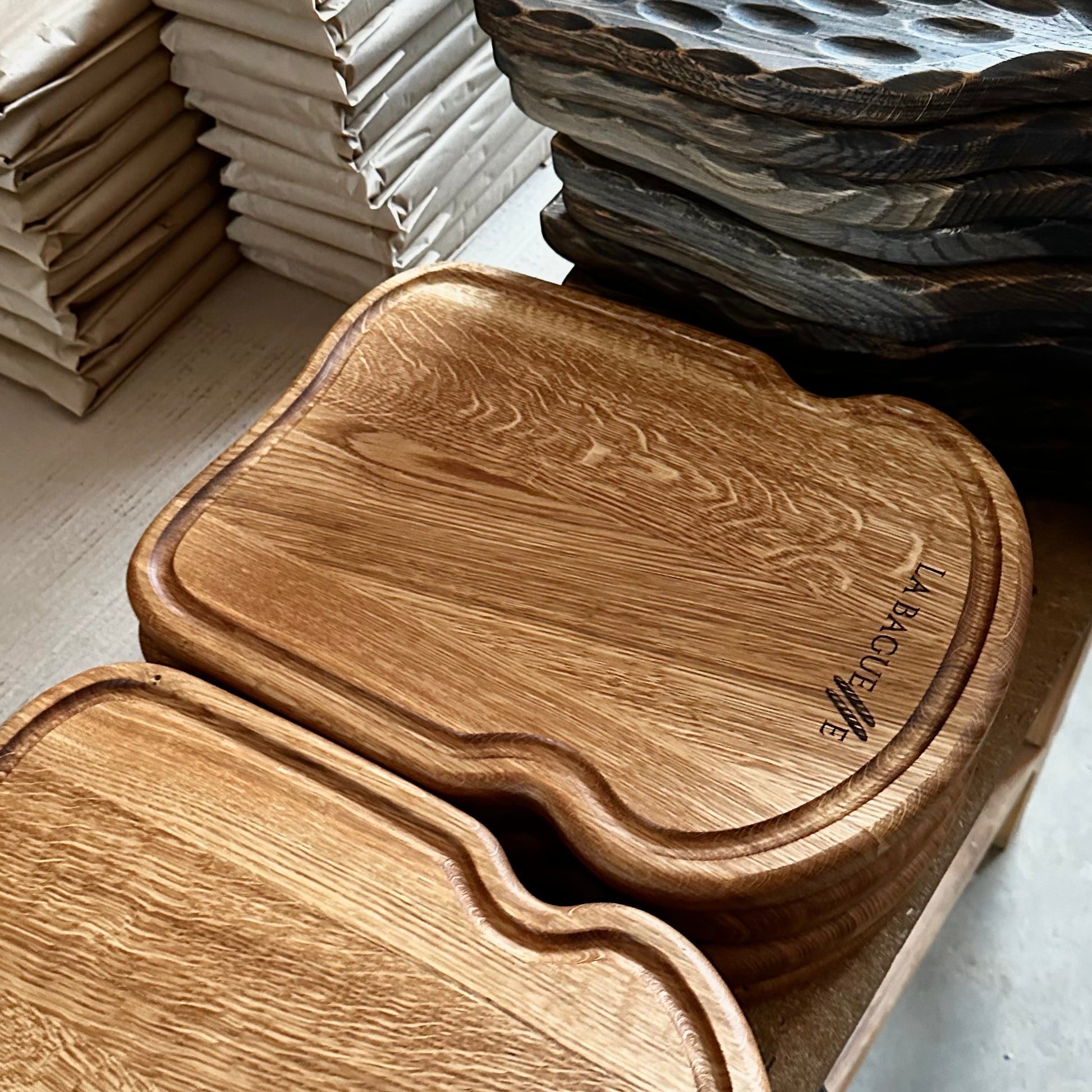 Large oak kitchen board for bread cutting and rustic holiday serving