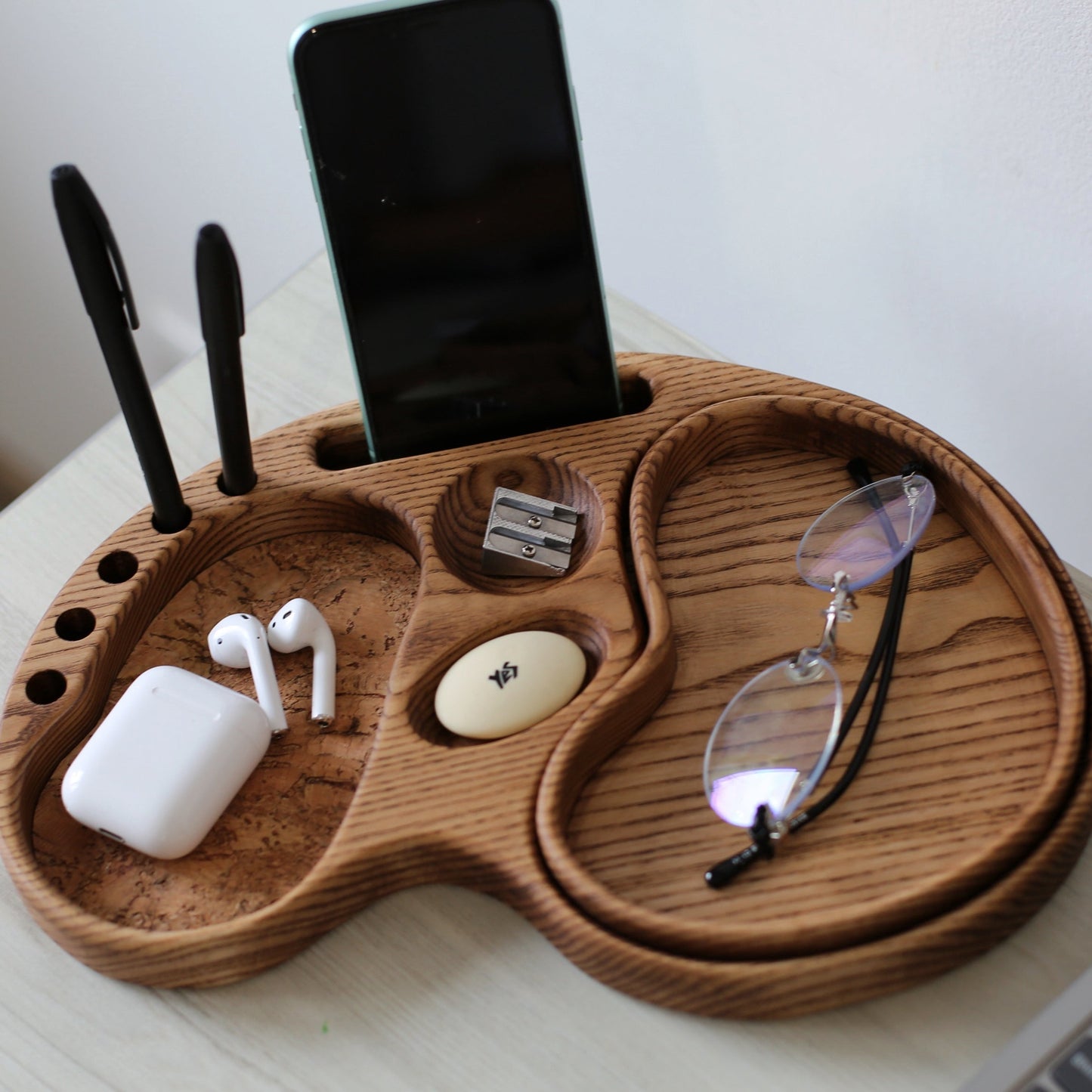 Rustic wooden desktop organizer tray for office supplies and accessories