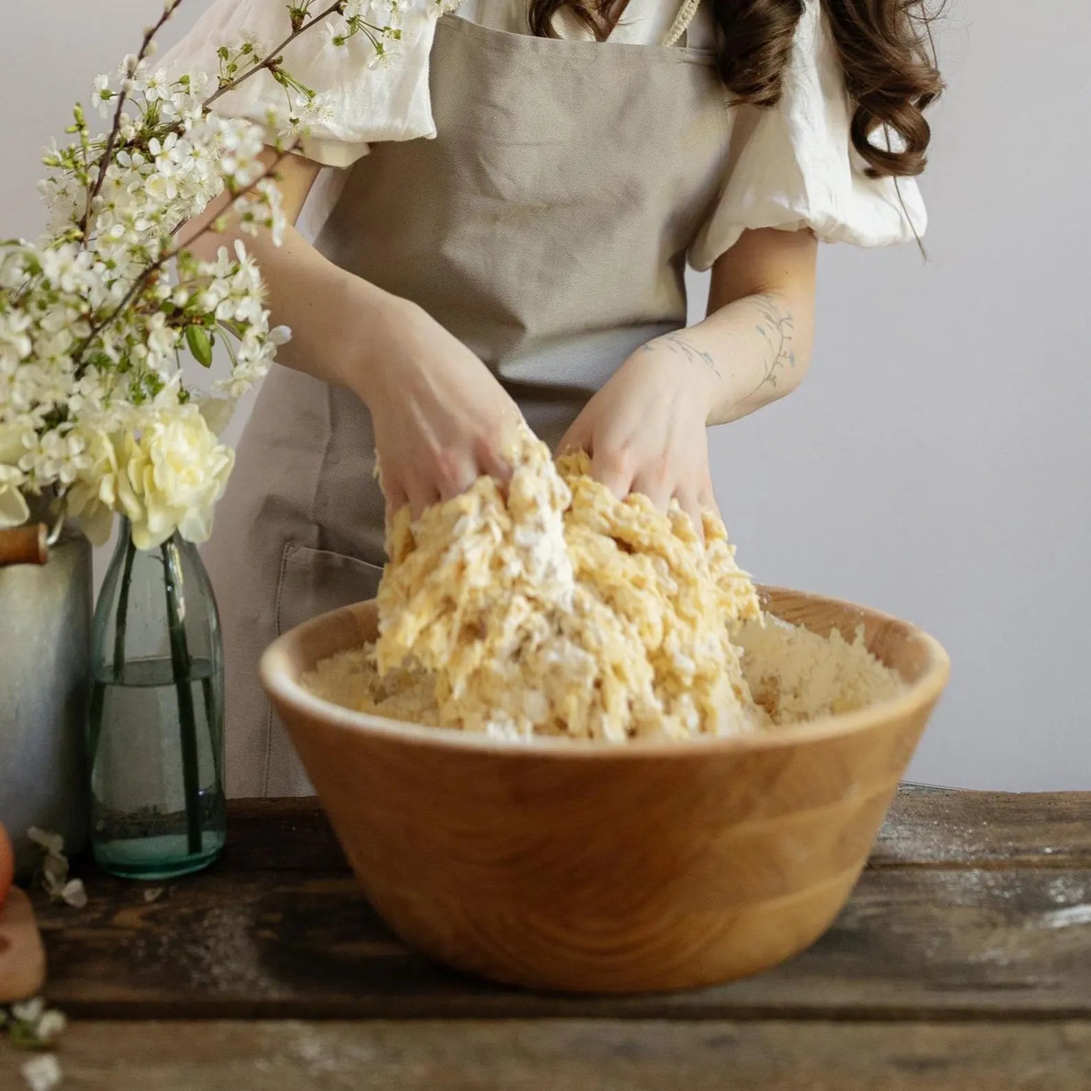 Handmade wooden dough mixing bowl crafted from natural oak or ash wood