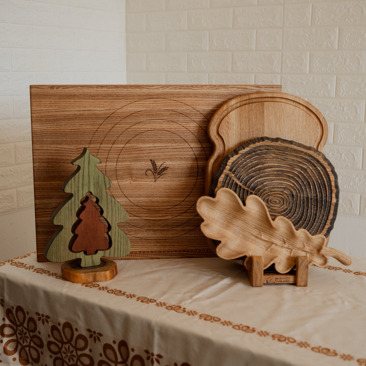 Holiday wooden serving set for baking, bread, slicing and display