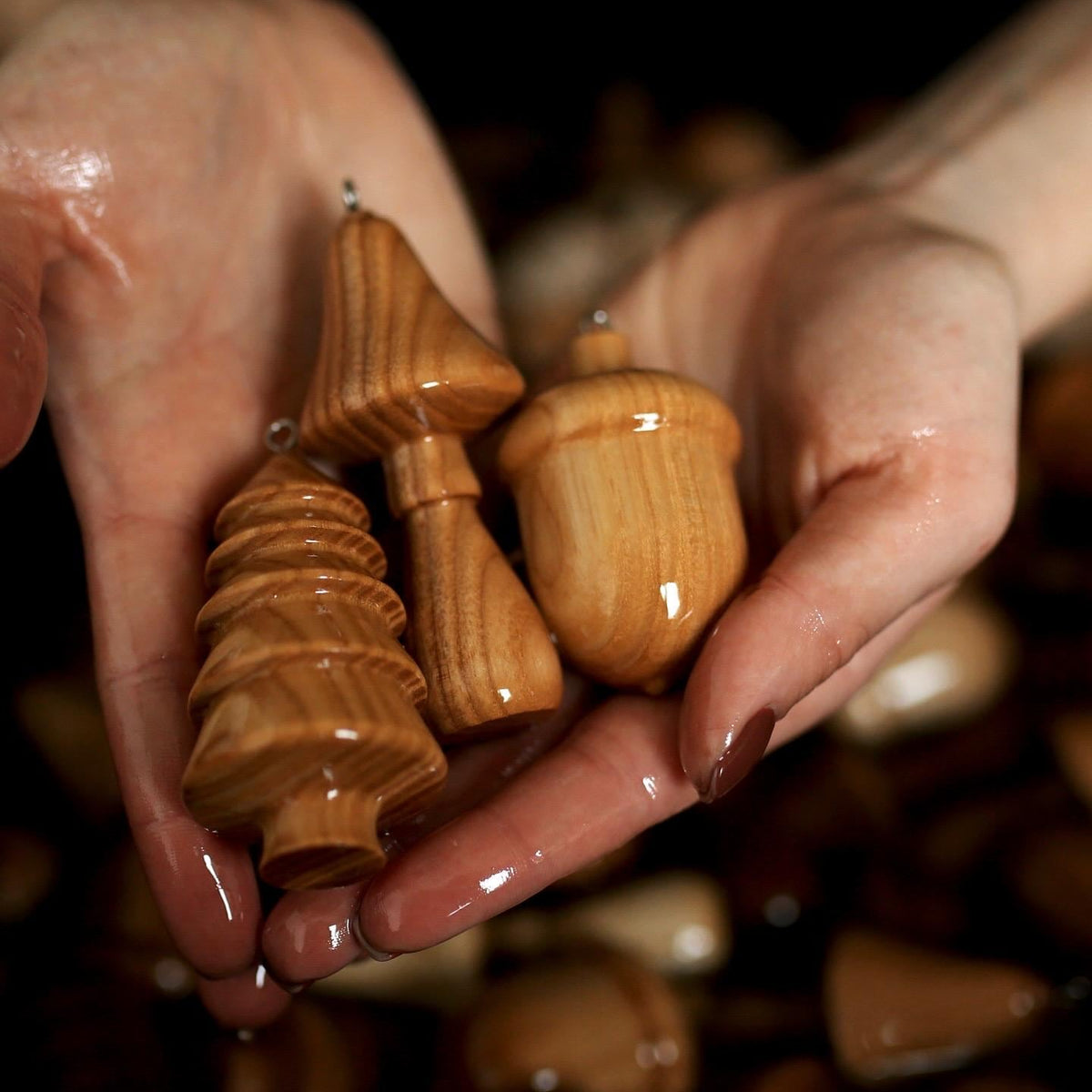 Handmade Wooden Christmas Ornaments Set – Tree, Acorn & Mushroom | Rustic Xmas Tree Decorations, Eco Friendly Holiday Decor, 