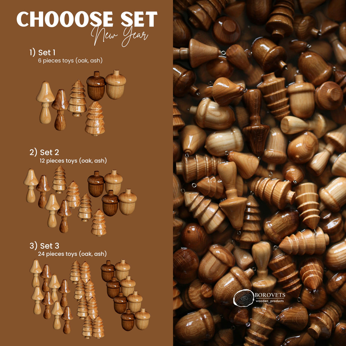 Handmade Wooden Christmas Ornaments Set – Tree, Acorn & Mushroom | Rustic Xmas Tree Decorations, Eco Friendly Holiday Decor, 