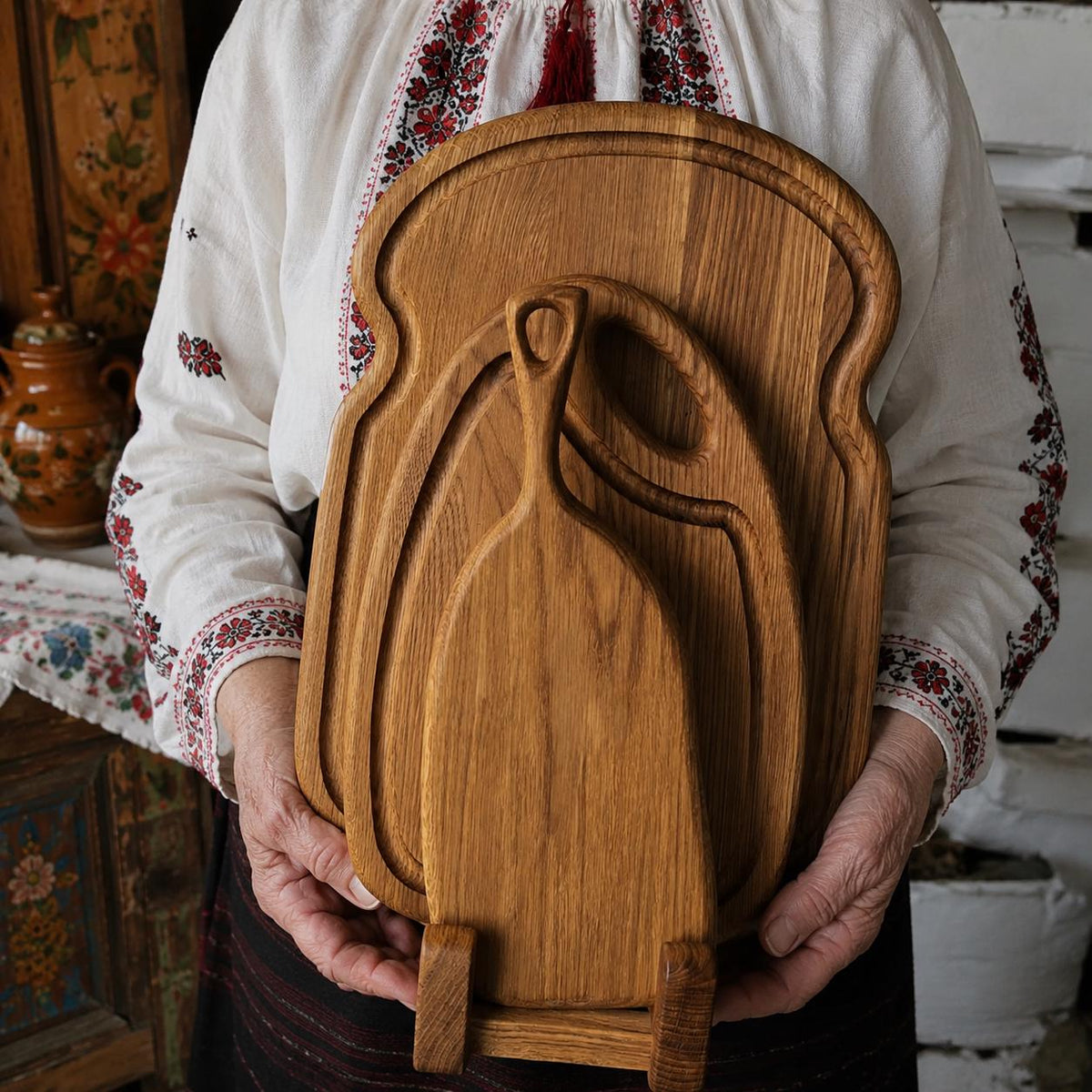 Oak Cutting Board Set with Stand – Wedding Gift, Housewarming Gift, Christmas Gift, Wooden Serving Board Set, Gift for Family