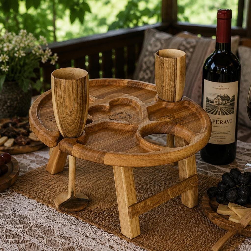Wooden Wine Table Set with Walnut Champagne Flutes, Serving Tray, Coffee Cups - Wedding Gift for Couple, Anniversary Gift, Ch