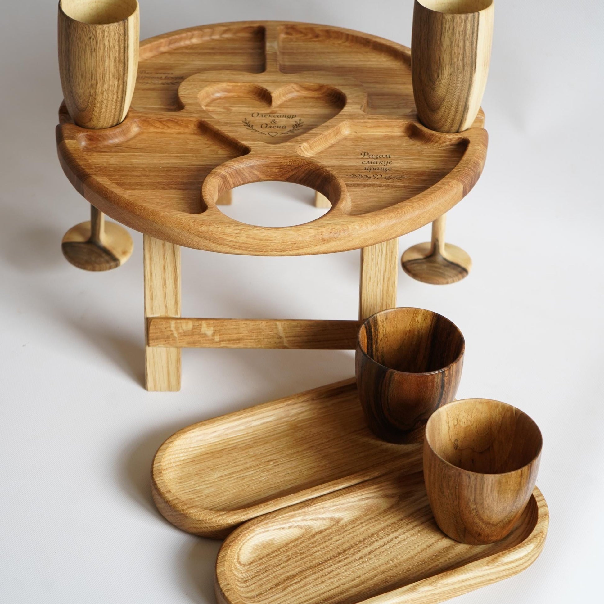 Wooden Wine Table Set with Walnut Champagne Flutes, Serving Tray, Coffee Cups - Wedding Gift for Couple, Anniversary Gift, Ch