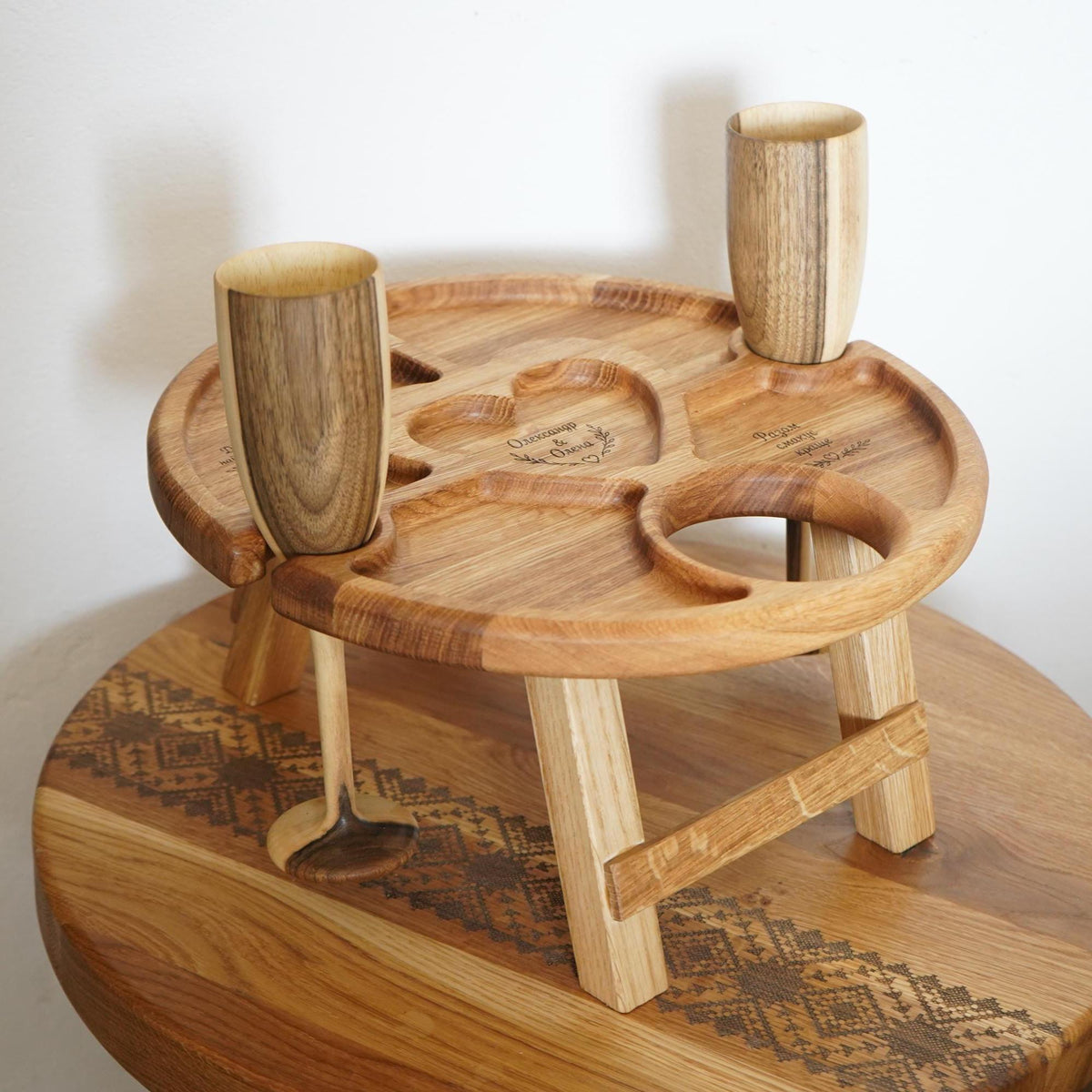 Wooden Wine Table Set with Walnut Champagne Flutes, Serving Tray, Coffee Cups - Wedding Gift for Couple, Anniversary Gift, Ch