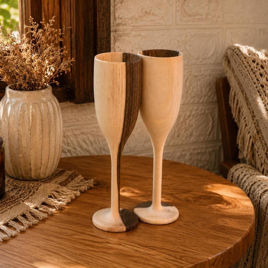 Wooden Wine Table Set with Walnut Champagne Flutes, Serving Tray, Coffee Cups - Wedding Gift for Couple, Anniversary Gift, Ch