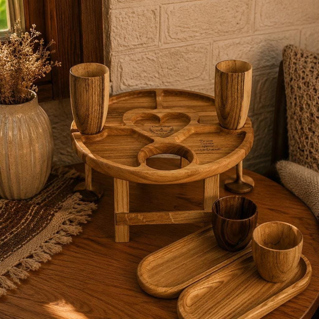 Wooden Wine Table Set with Walnut Champagne Flutes, Serving Tray, Coffee Cups - Wedding Gift for Couple, Anniversary Gift, Ch