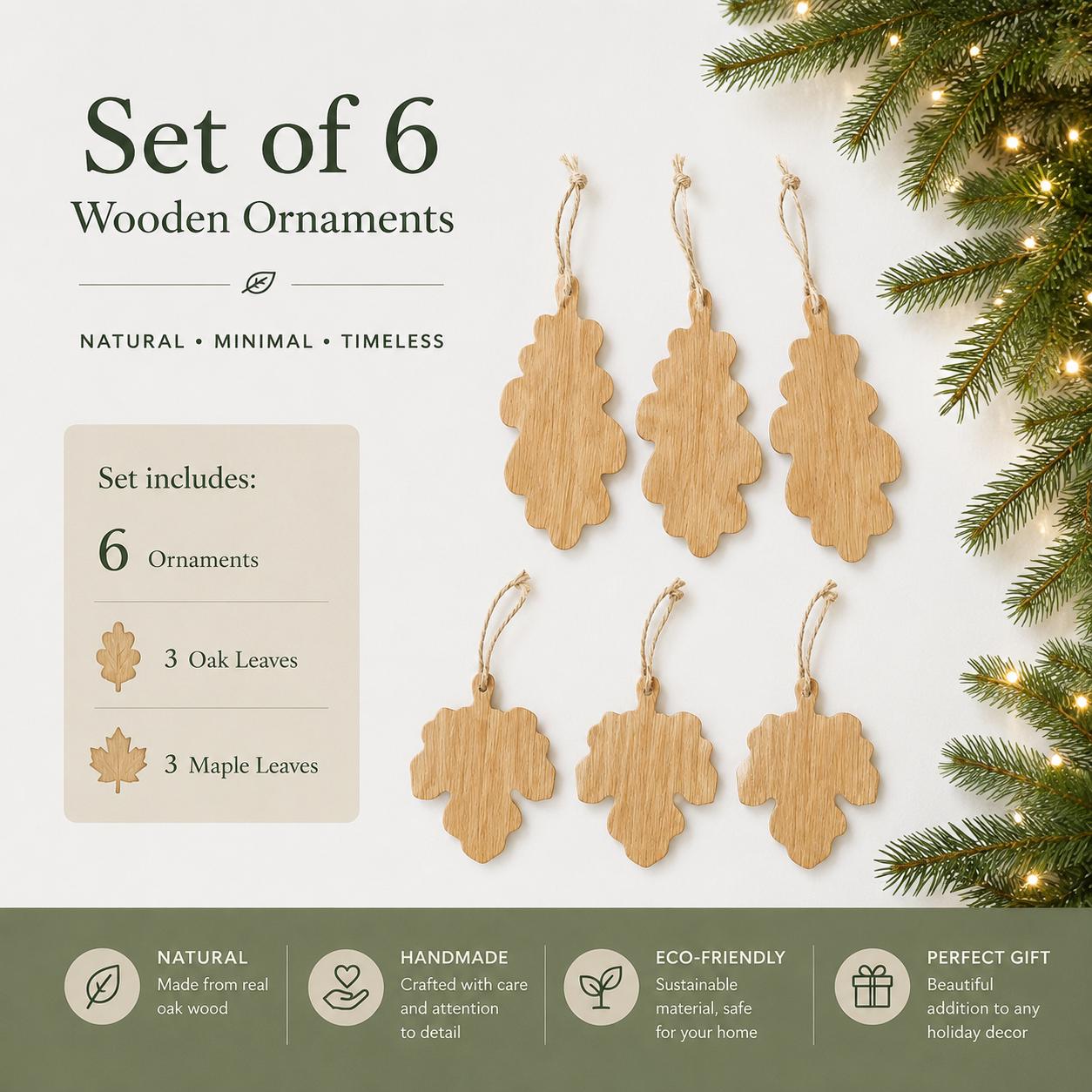 Set of 6 Wooden Leaf Christmas Ornaments