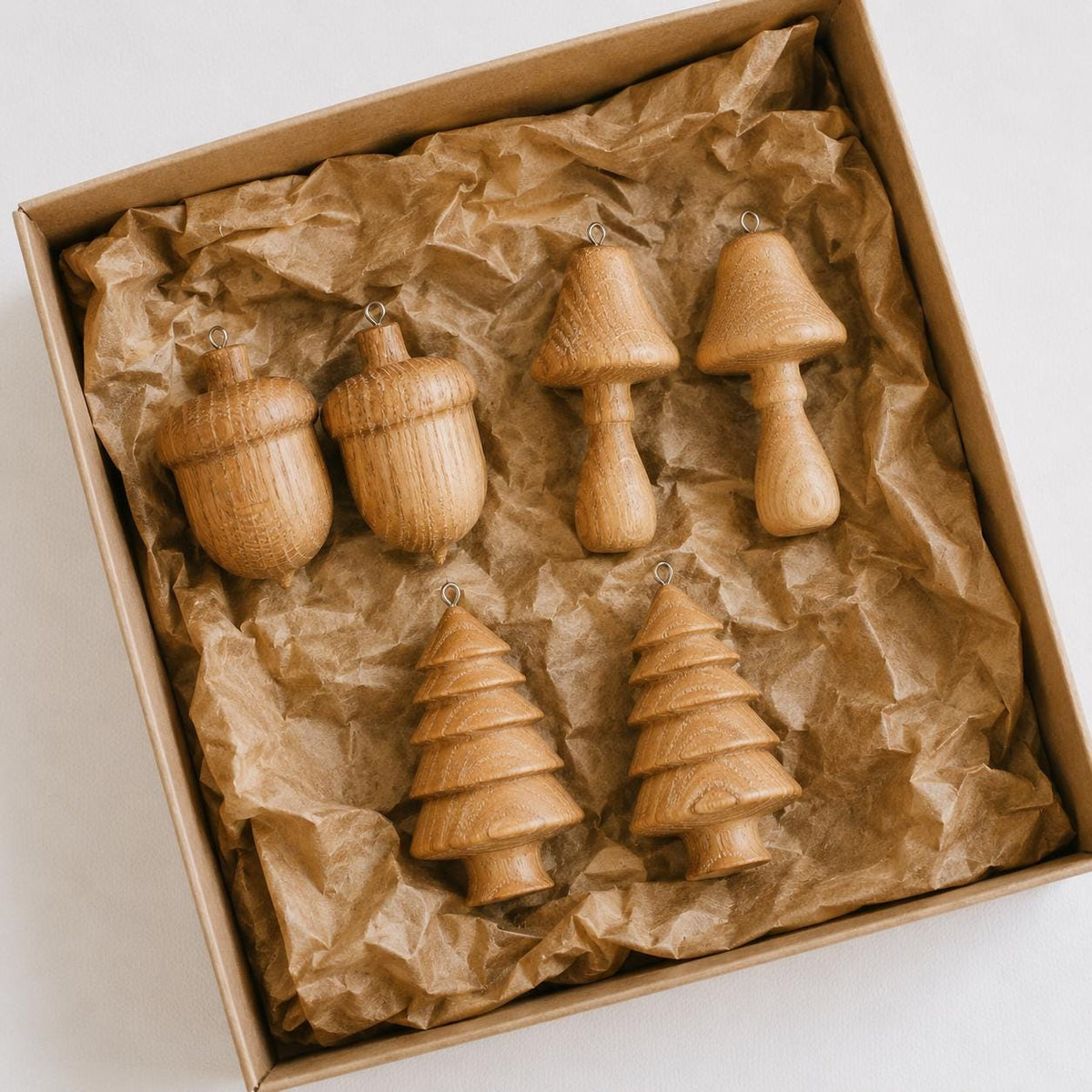 Handmade Wooden Christmas Ornaments Set – Tree, Acorn & Mushroom | Rustic Xmas Tree Decorations, Eco Friendly Holiday Decor, 