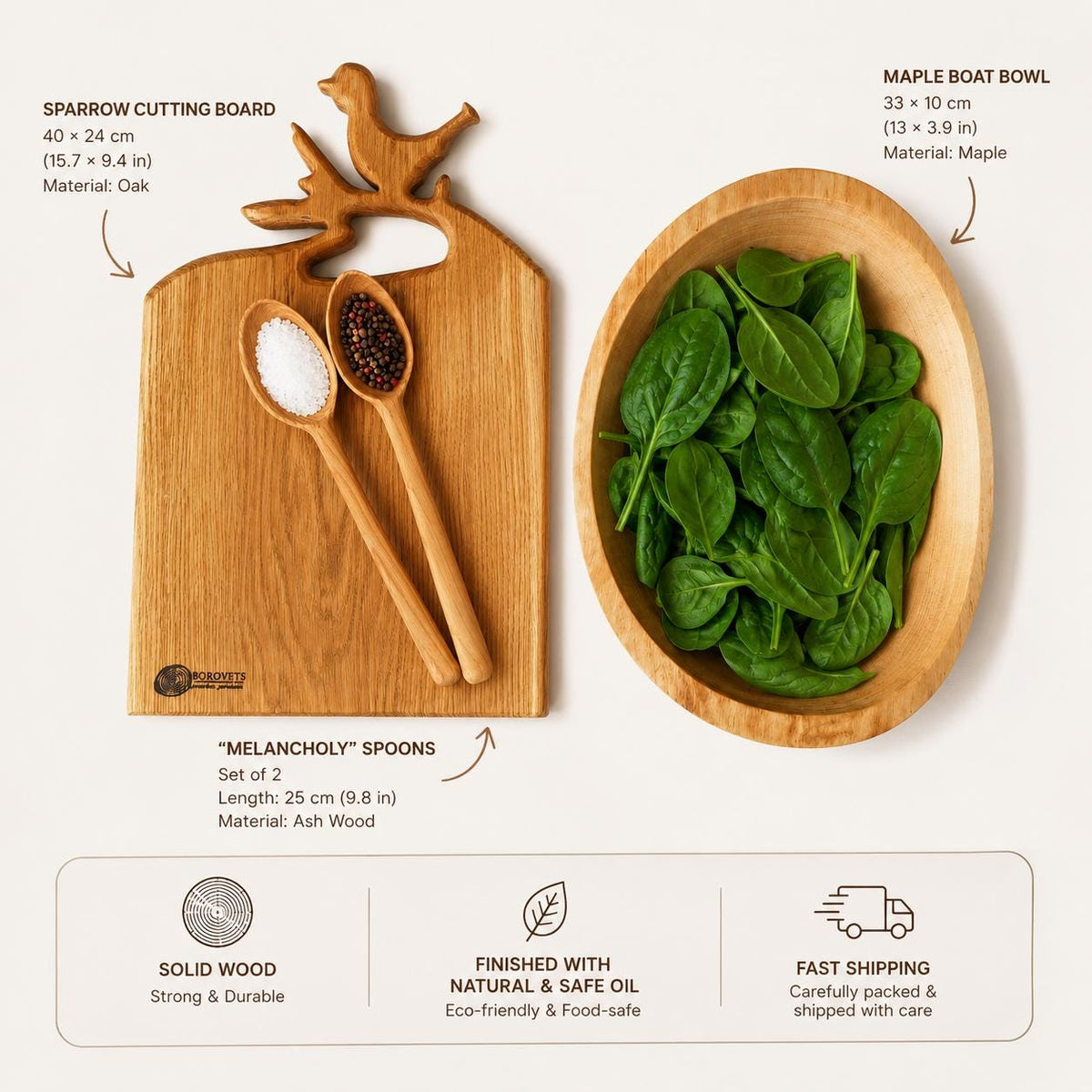 Wooden Salad Bowl Set, Christmas Gift for Mom & Dad, Anniversary Gift, Housewarming Gift, Wooden Serving Board, Handmade Kitc