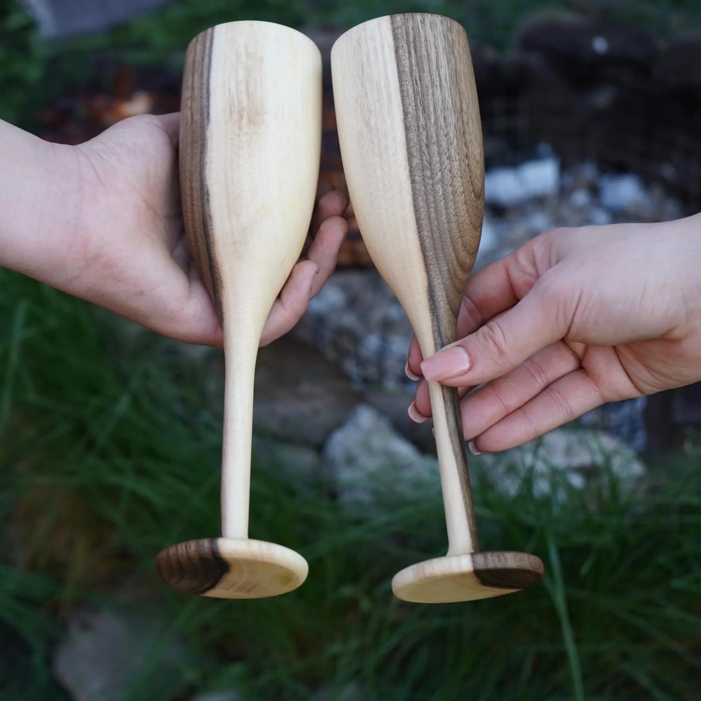 Walnut Wood Champagne 2p.  Flutes – Set of 2 Wooden Wine Goblets, Wedding Gift for Couple, Anniversary Gift, Rustic Wedding Gift