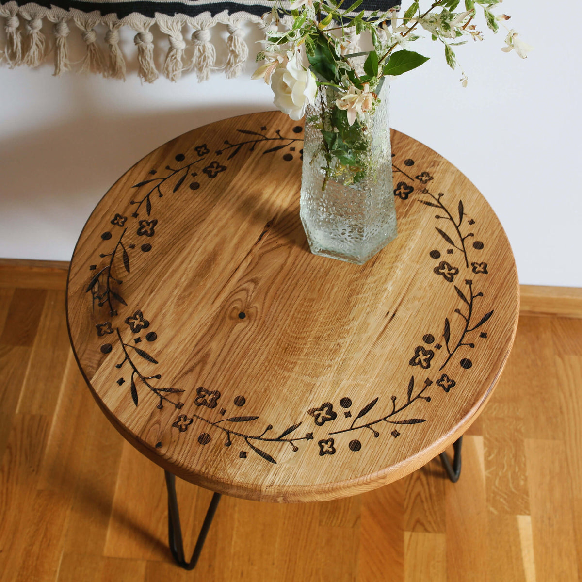 Midgard Wreath Solid Oak Coffee Table, 50 × 45 cm, Black Metal Legs