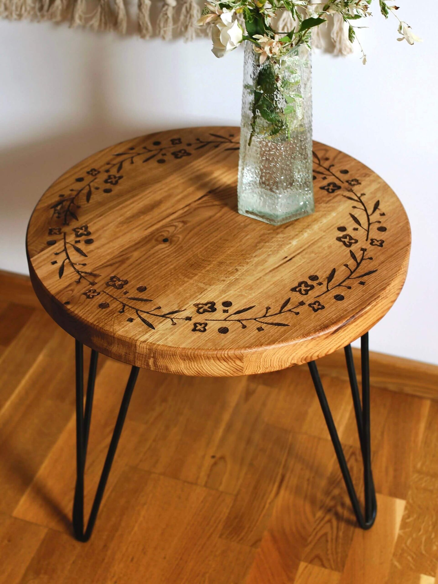 Midgard Wreath Solid Oak Coffee Table, 50 × 45 cm, Black Metal Legs