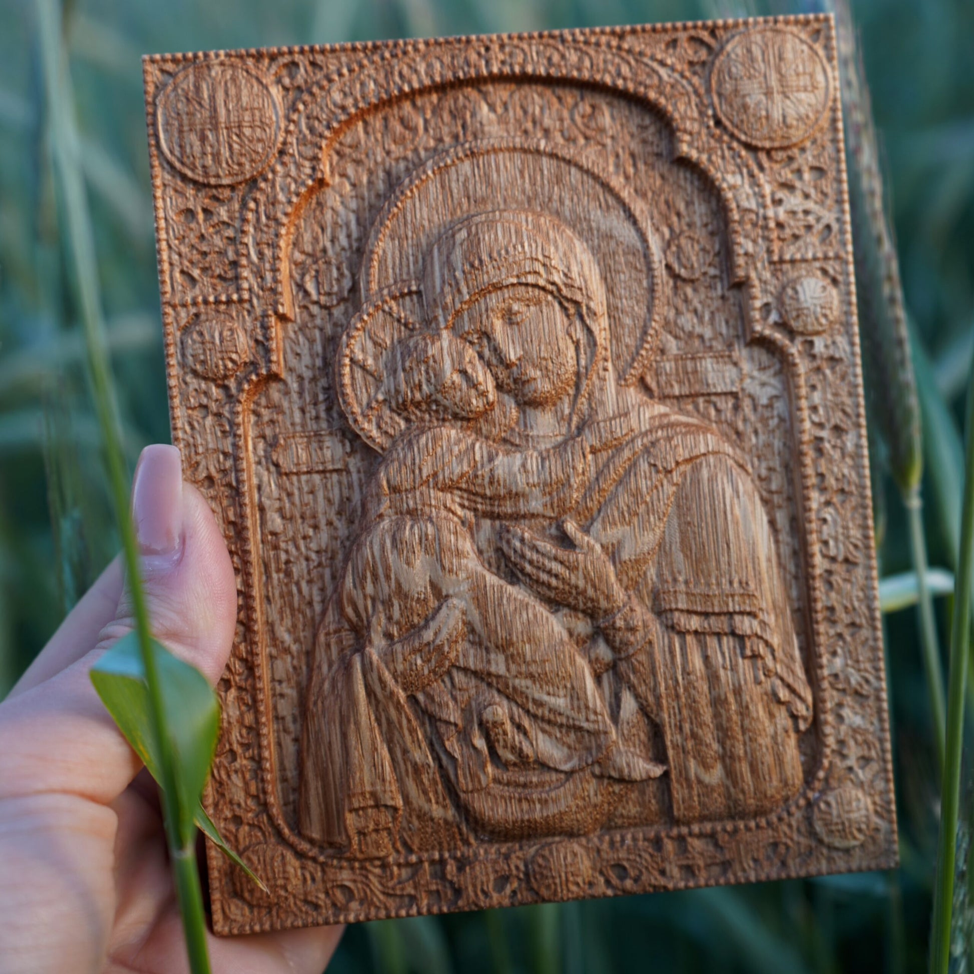 Wooden Virgin Mary and Jesus Icon, Carved Oak Christian Gift - image 1