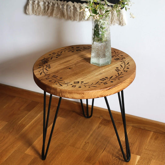 Midgard Wreath Solid Oak Coffee Table, 50 × 45 cm, Black Metal Legs