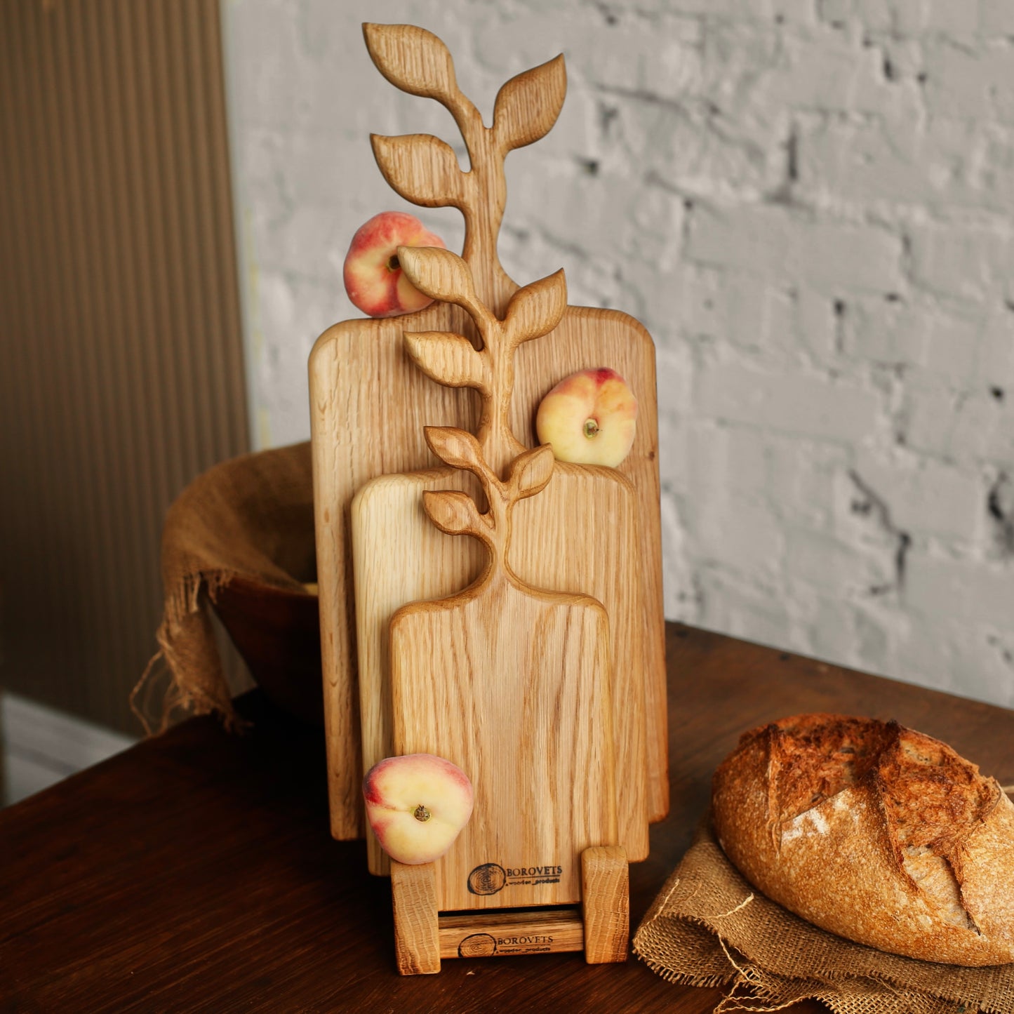 Leaf shaped wooden cutting board set for rustic serving and kitchen decor