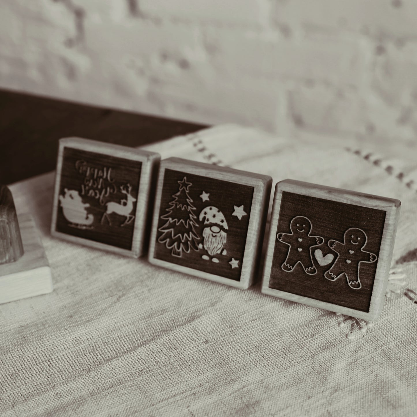 Complete oak baking set with bread board, cookie stamps, and mixing bowl