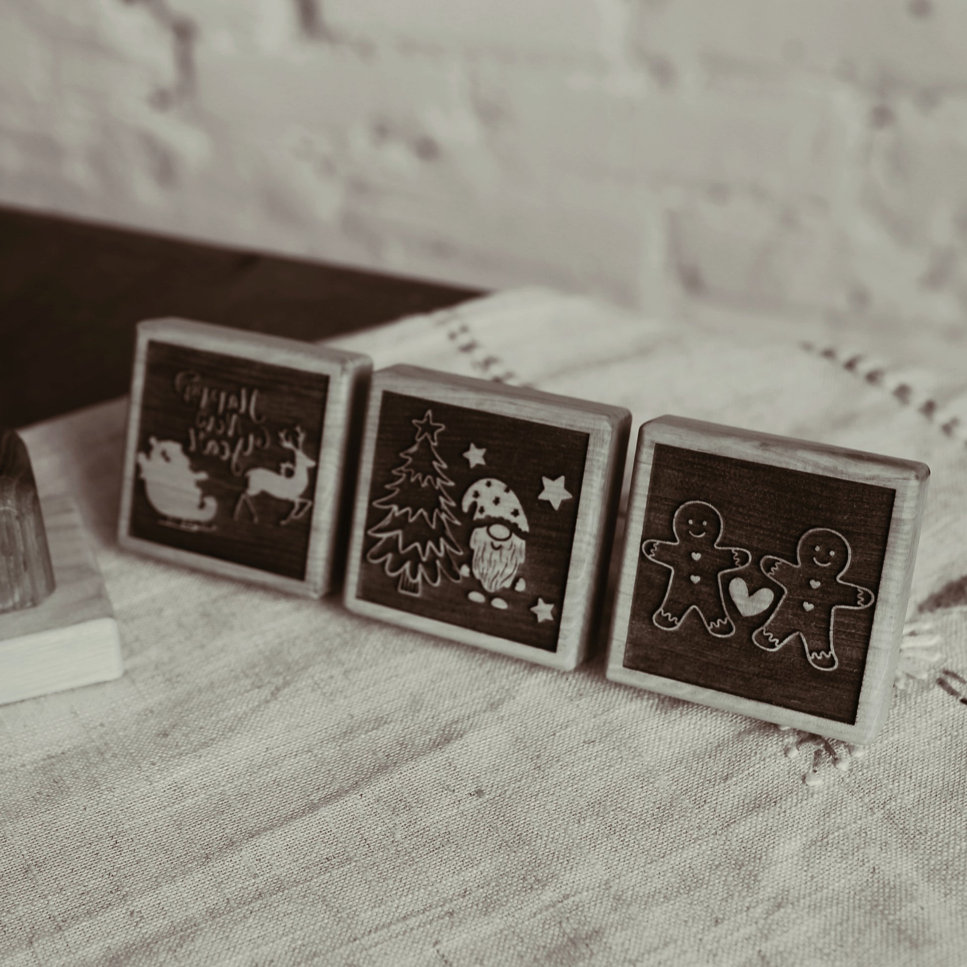 Complete oak baking set with bread board, cookie stamps, and mixing bowl