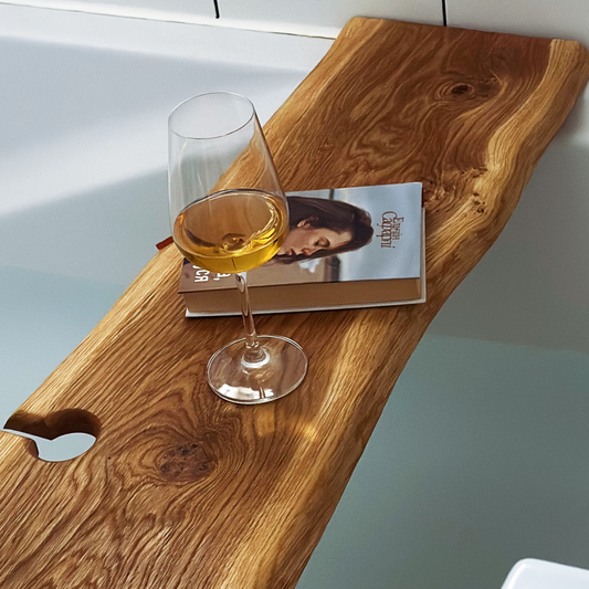 Handcrafted oak bathtub tray for holding wine, book, or candle during bath