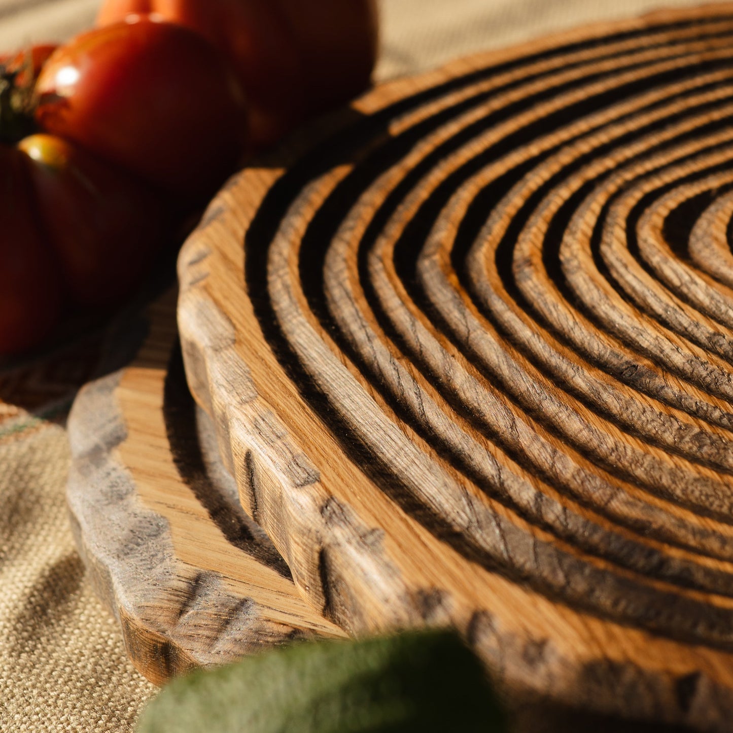 Oak round serving tray ideal for bread, meats, or cheese presentation