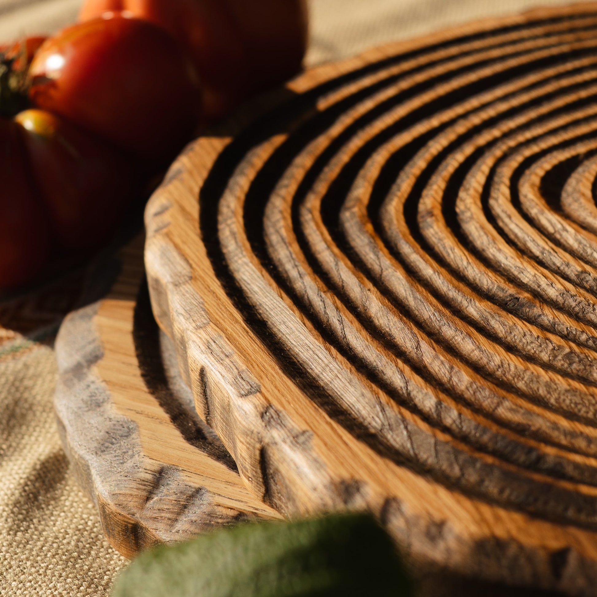 Oak round serving tray ideal for bread, meats, or cheese presentation