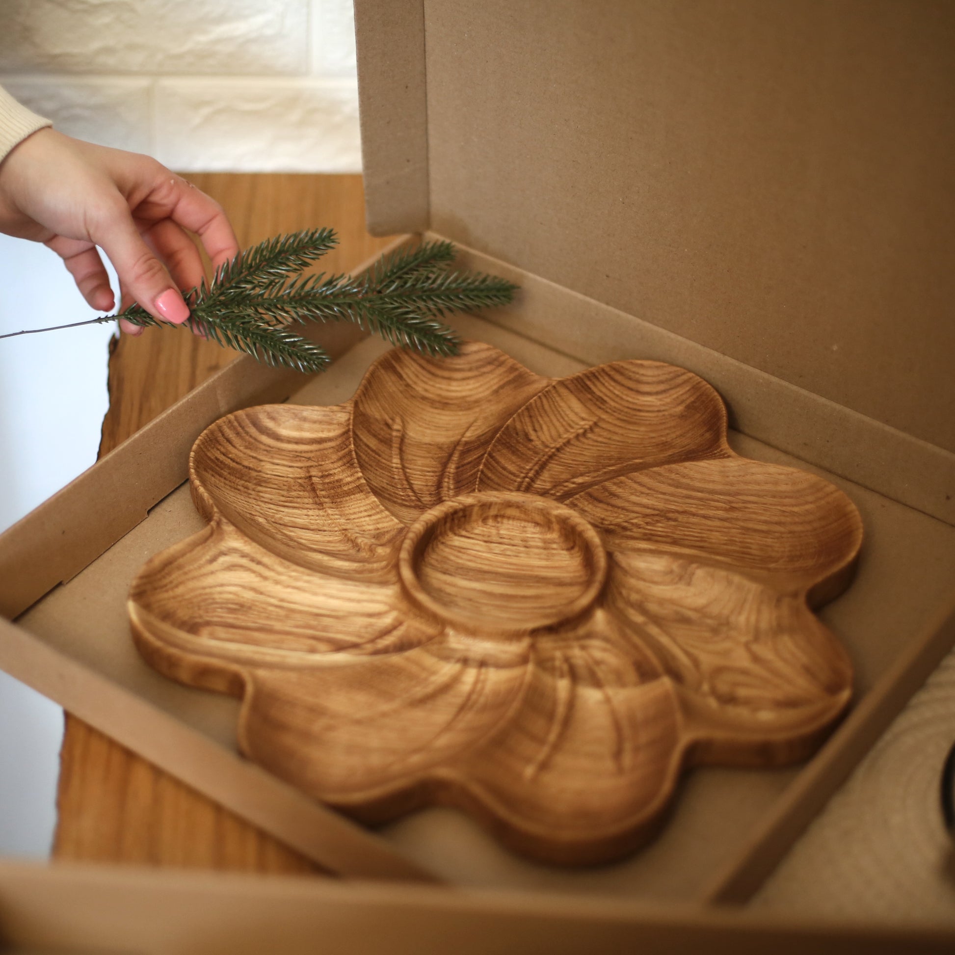 Handcrafted wooden serving plate set for fruits, cheese, and dips