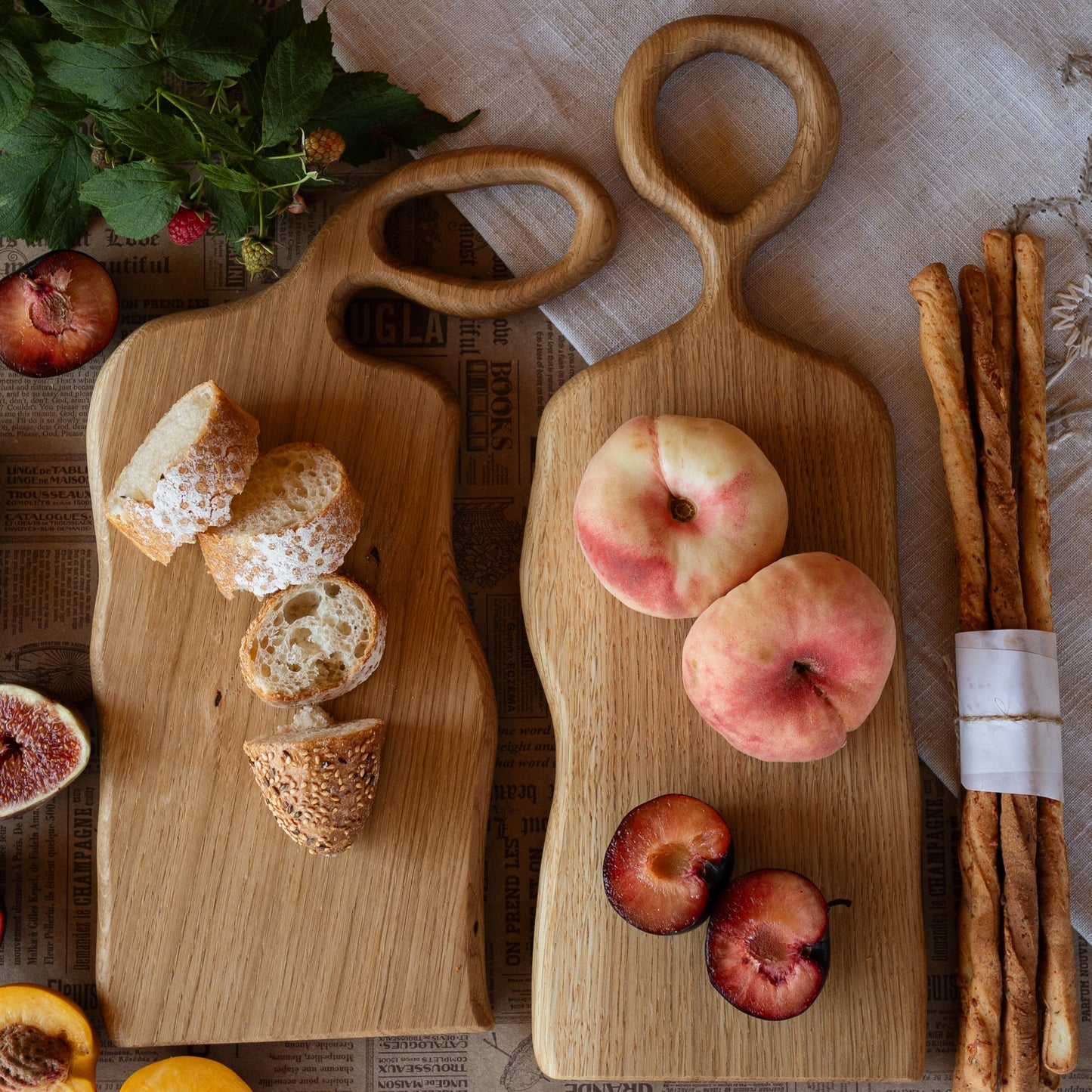 Handcrafted oak boards with intricate carving details
