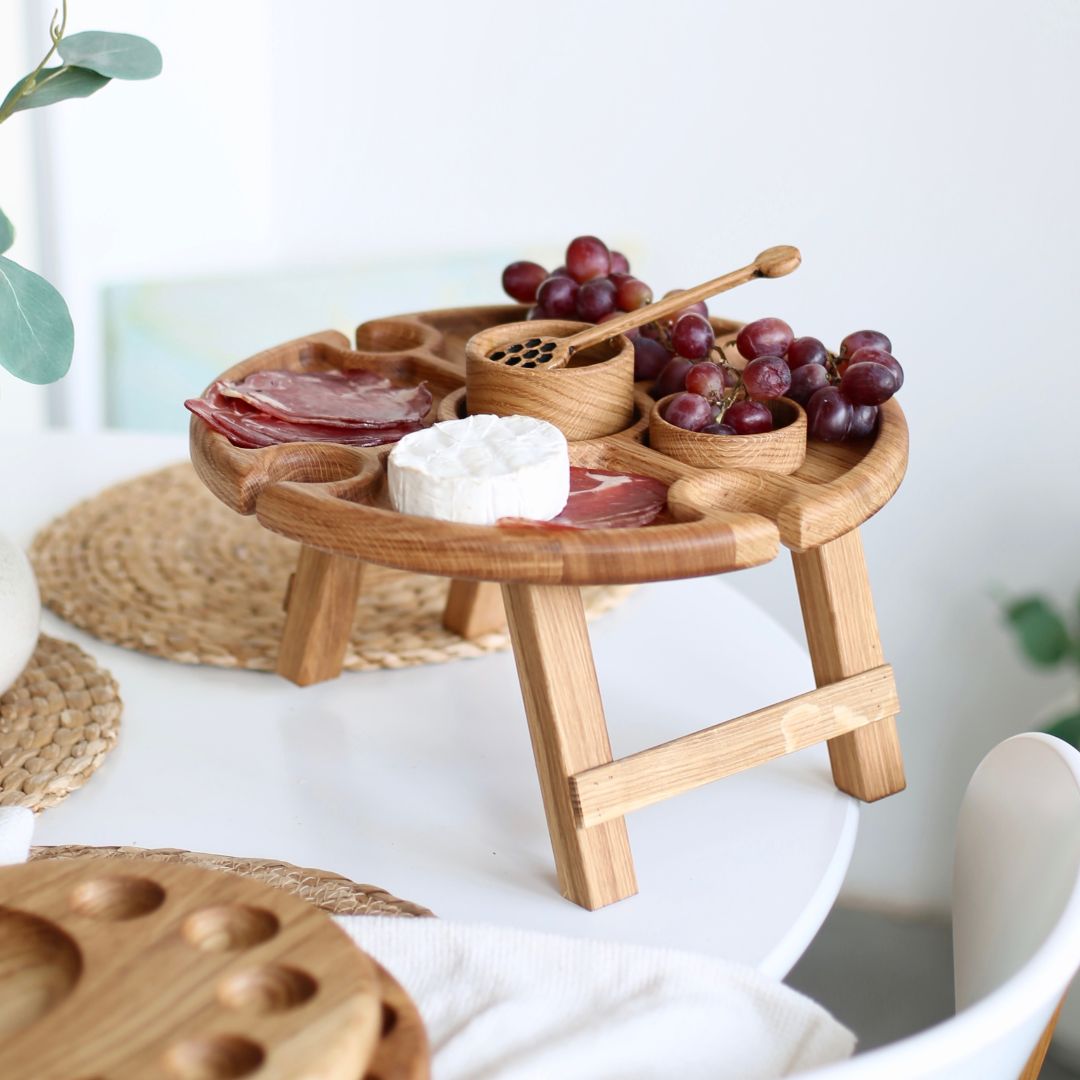 Mini oak wine table for outdoor picnics and elegant home entertaining